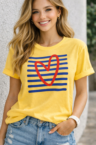 ArtYus Striped Heart Print Unisex Oversize T-Shirt – Cotton Crew Neck Casual ...