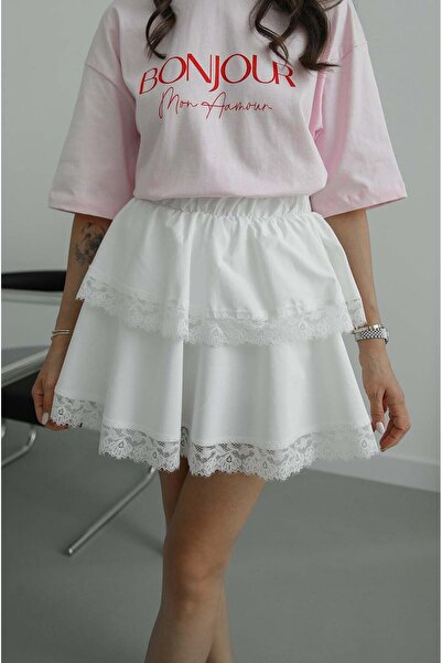 Havoş Εκρού Φούστα με Στρώσεις και Δαντέλα