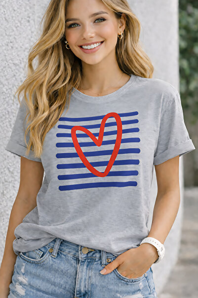 ArtYus Μπλουζάκι Unisex Oversize με ριγέ στάμπα καρδιάς – Βαμβακερό T-Shirt μ...