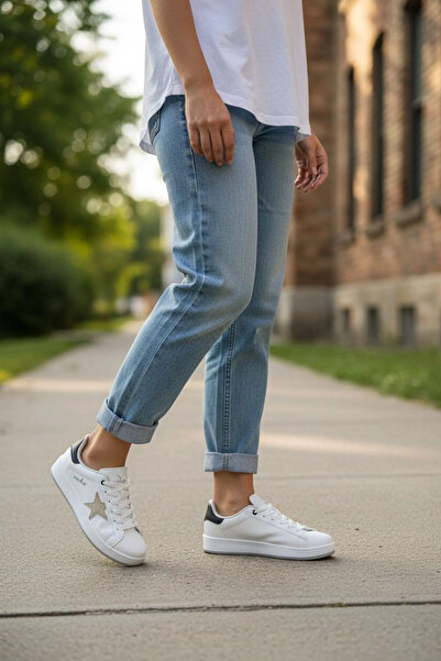 IN-STEP Seeyli Kadın Beyaz Altın Yıldız Detaylı Günlük Spor Ayakkabı - Sneaker