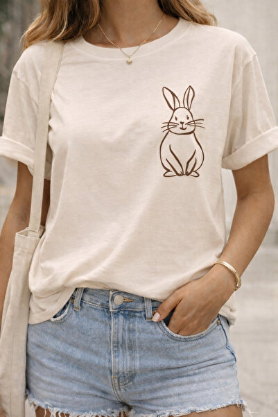 ArtYus Minimal Rabbit Print Unisex Oversize T-Shirt – Cotton Crew Neck Casual...
