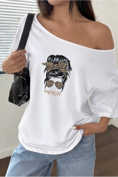 FUFLUNS Mom Life Printed Oversized Women's Boat Neck T-Shirt