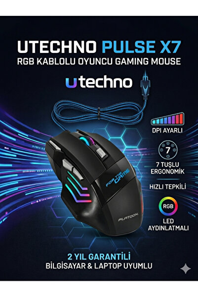 utechno Pulse X7 RGB Kablolu Oyuncu Gaming Mouse 7 Tuşlu Dpi Ayarlı LED Aydın...
