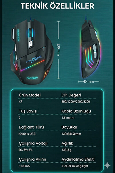 utechno Pulse X7 RGB Kablolu Oyuncu Gaming Mouse 7 Tuşlu Dpi Ayarlı LED Aydınlatmalı Hızlı Tepkili