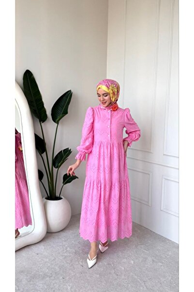 Nes Moda Kadın Önü Düğmeli Kolu Lastikli Fisto Tesettür Elbise