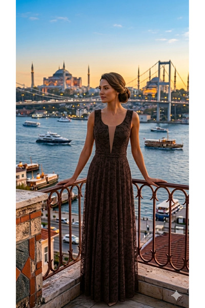uzer abiye Kadın Kadife Dokulu Flok Baskılı Transparan Detaylı Luxury Uzun El...