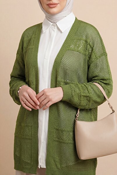 Modamorfo Patterned Openwork Knitwear Cardigan - Oil Green