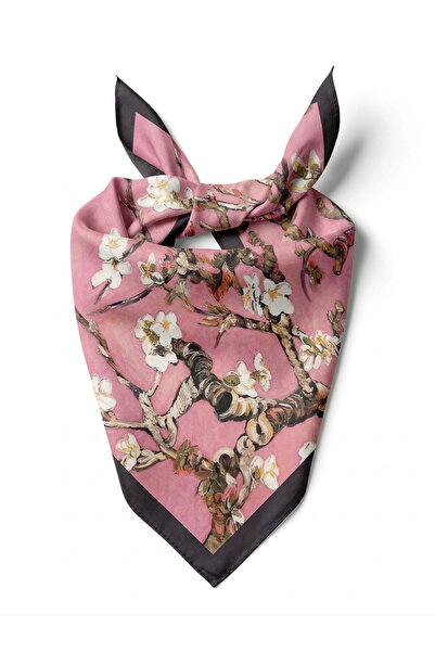 ostende Pembe Beyaz Çiçek Desenli Boyun Fular Bandana Çanta Bel Fuları 50x50