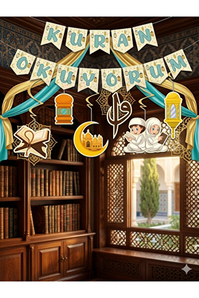 ÇITIPITISTORE Kuran Okuyorum Temalı Banner ve 6 Adet Tavan Sarkıt Süsü Kurana...