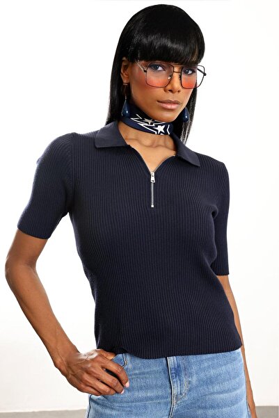 LADY SHOPPING Azeli̇a Navy Blue Polo Collar Ribbed Short Sleeve Knitwear
