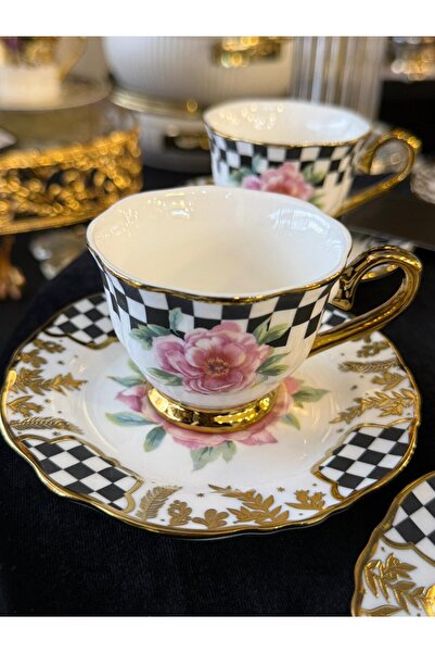 LOKMAN ZÜCCACİYE SHOWROOM Acar Dama Pattern Rose Motif Golded Coffee Cup Set ...