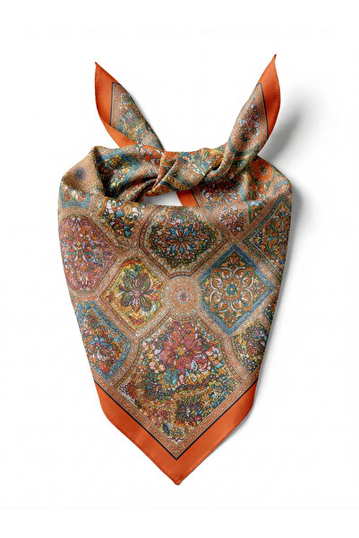 ostende Turuncu Çizgili Etnik Desenli Boyun Fular Bandana Çanta Bel Fuları 50x50