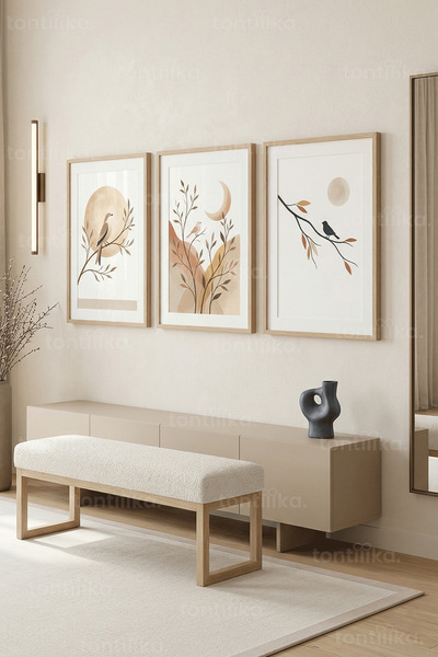 Tontilika Modern Doğa, Kuş ve Ay Manzarası 3’lü Ahşap Çerçeveli Tablo Seti