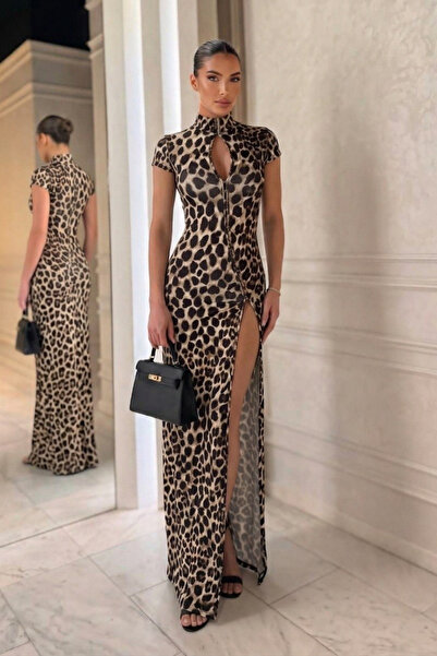 Afitapbutikmoda Kısa Kollu Agraflı Özel Tasarım Leopar Maxi Elbise