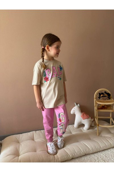 Hilora Baby Kids Girl's Floral Patterned Ecru T-Shirt and Pink Sweatpants Set (Lycra)