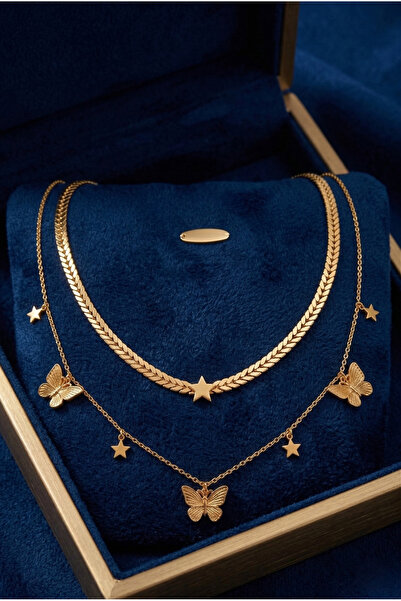 POEM JEWELLERY 18 Ayar Altın ve Rodyum Kaplama Yıldız ve Kelebek Figürlü Katm...