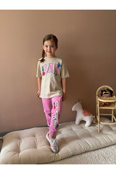 Hilora Baby Kids Girl's Floral Patterned Ecru T-Shirt and Pink Sweatpants Set...