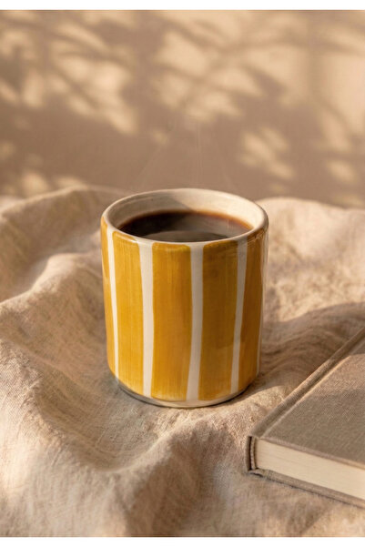 Love Bundles Çizgili Seramik Kupa 220 ml Kulpsuz Kahve Fincanı – Sarı