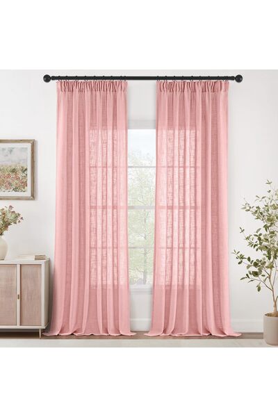 OEM Set of 2 semi-transparent curtains with lace, linen look, pink, 245×140 cm