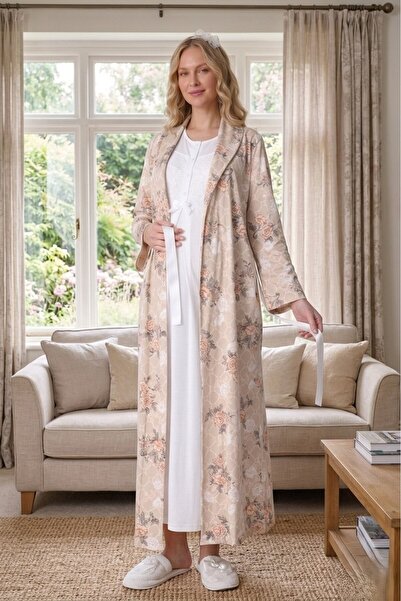 Lohussa New Season Ecru Shawl Collar Patterned Full Length Summer 100% Cotton...