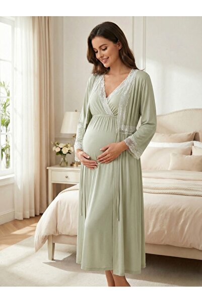 Lohussa Yeni Sezon Mavi Dantel Detaylı Yazlık Özel Tasarım %100 Pamuk Tam Boy...