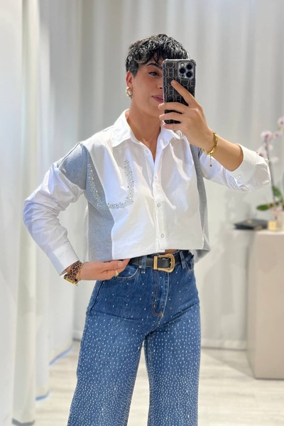 Tamor Butik Beyaz Gri Triko Detaylı Taşlı Gömlek