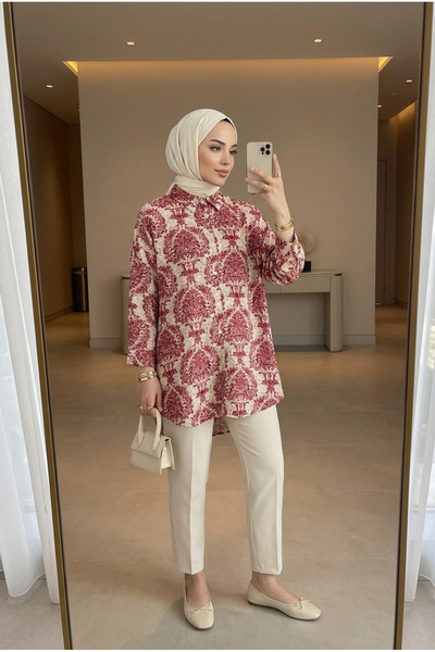 Kirazca Butik Women's Buttoned Patterned Shirt Collar Comfortable Fit Hijab T...