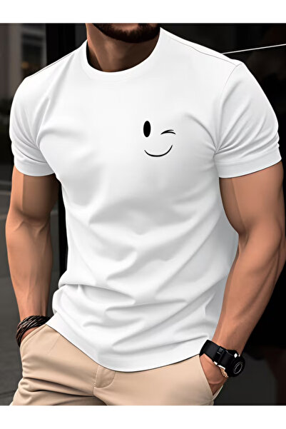 NOURAM Men's 100% Cotton Slim Fit T-Shirt - Joyful Face & Winking Eye Design ...