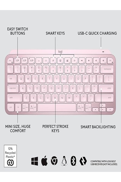 logitech لوحة مفاتيح MX Keys Mini Minimalist لاسلكية مضيئة، مدمجة، بلوتوث، بإ...