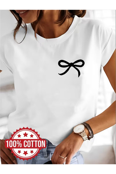 NOURAM Women's Short Sleeve T-Shirt with Artistic Bow Graphic Print