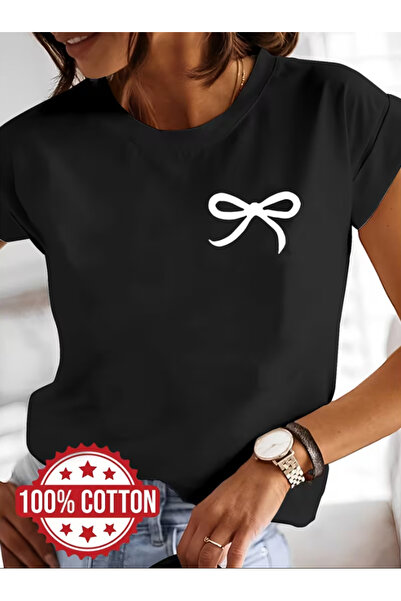 NOURAM Women's Short Sleeve T-Shirt with Artistic Bow Graphic Print