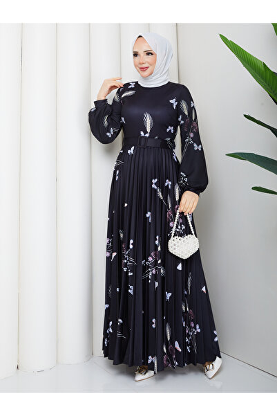 nisanurfashion Rochie neagră plisată cu imprimeu digital cu model de grâu