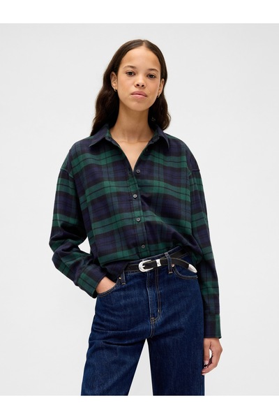 GAP Kadın Koyu Yeşil Flannel Straight-Hem Crop Gömlek