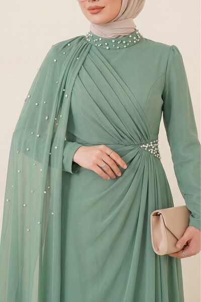 Modamorfo Βραδινό φόρεμα με λεπτομέρεια από τούλι και γιακά με πέρλες -çağla Y.