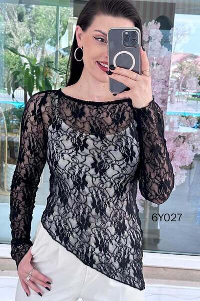 İnce Topuk Ασύμμετρη Δαντελένια Μπλούζα 6y027