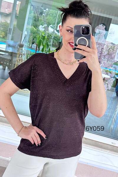 İnce Topuk V-Neck Glittery Knitwear Blouse 6Y059