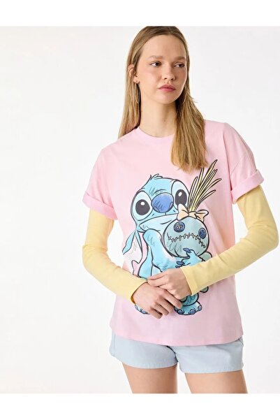 Koton Μπλουζάκι με στάμπα Stitch, άνετη εφαρμογή, κοντό μανίκι, λαιμόκοψη ποδ...