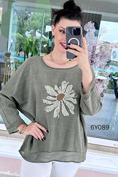 İnce Topuk Λινή μπλούζα με κέντημα λουλουδιών 6y089