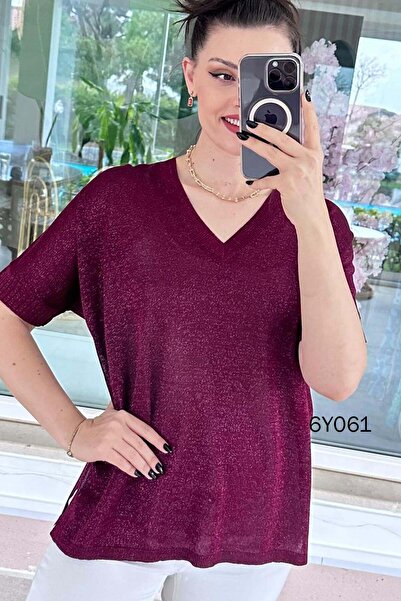 İnce Topuk Silvery V-Neck Mercerized Knitwear Blouse 6Y061