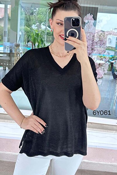 İnce Topuk Silvery V-Neck Mercerized Knitwear Blouse 6Y061
