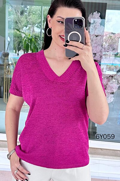 İnce Topuk V-Neck Glittery Knitwear Blouse 6Y059