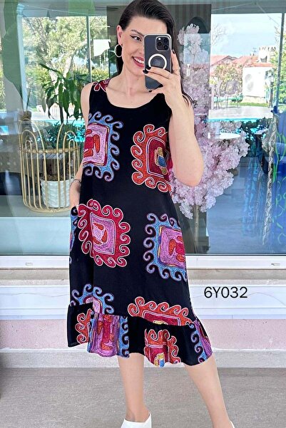 İnce Topuk Φόρεμα βισκόζης με βολάν και μηδενικά μανίκια 6y032