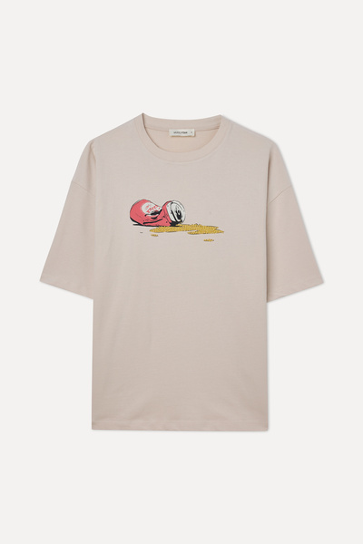 Mudo Kadın Taş Rengi Baskılı Nakışlı Loose Fit Bisiklet Yaka T-Shirt