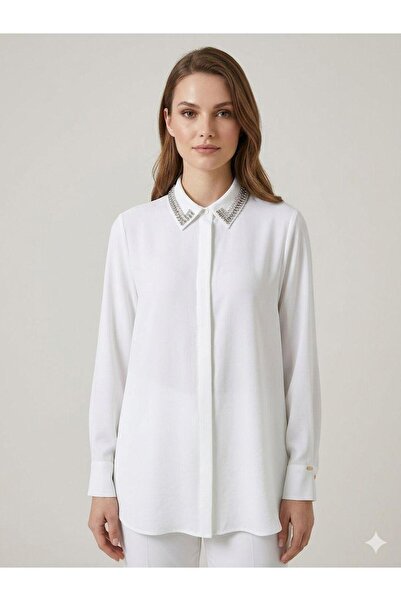 Meşe Moda Women's White Stoned Shirt Collar Long Sleeve Tunic