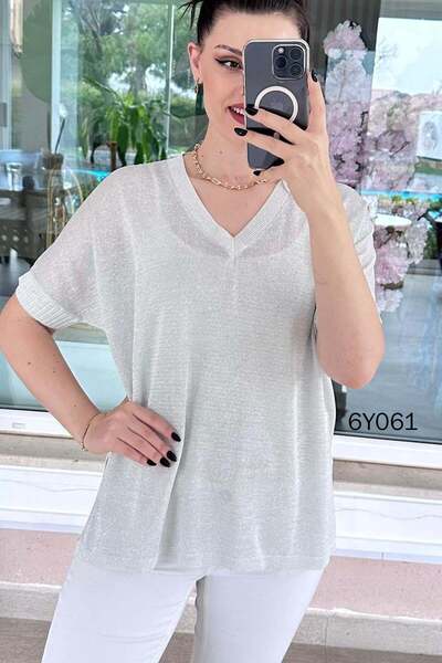 İnce Topuk Silvery V-Neck Mercerized Knitwear Blouse 6Y061