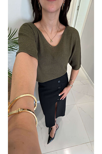 BİRCANÇİL Hunra Khaki Half Sleeve Knitted Blouse