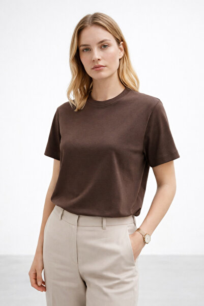 Polo State Γυναικείο μπλουζάκι Basic Crew Neck από βαμβάκι και λύκρα – Καφέ