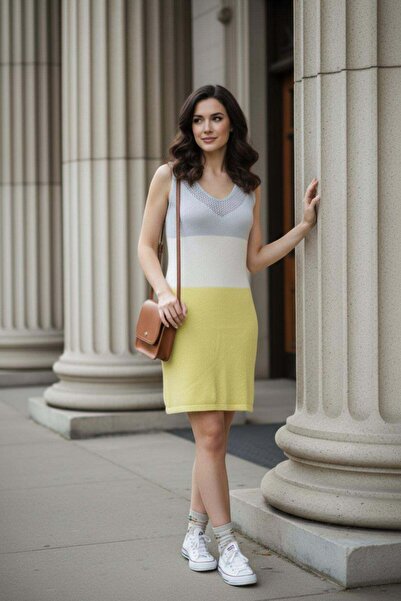 Mossta Μίνι πλεκτό φόρεμα με λαιμόκοψη V και χρωματικές αντιθέσεις - Κίτρινο