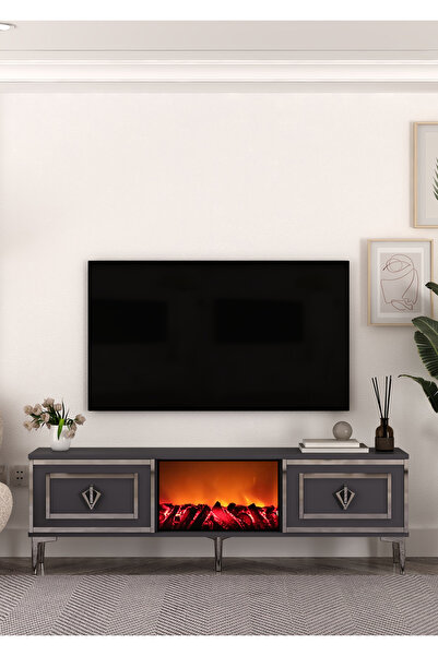 DEMONTE DECOR TV0067-TXA150DD-32 ŞÖMİNELİ TV SEHPASI ANTRASİT-GÜMÜŞ