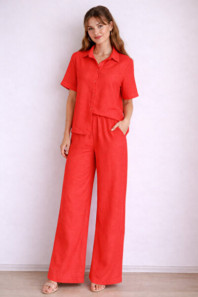 MIRENNA Women's Suit Woven Shirt and Pocketed Baggy Pants Comfortable Stretch...